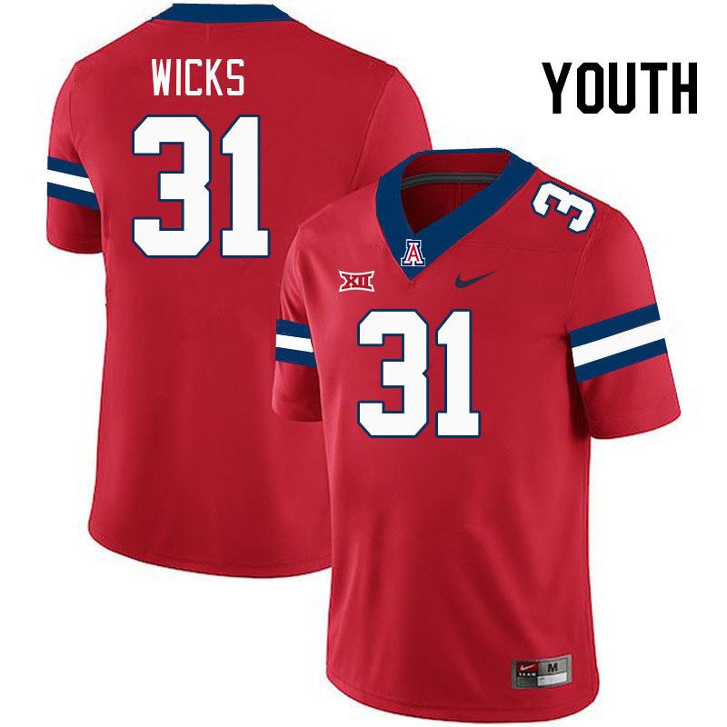 Youth #31 Kaden Wicks Arizona Wildcats Big 12 Conference College Football Jerseys Stitched-Red